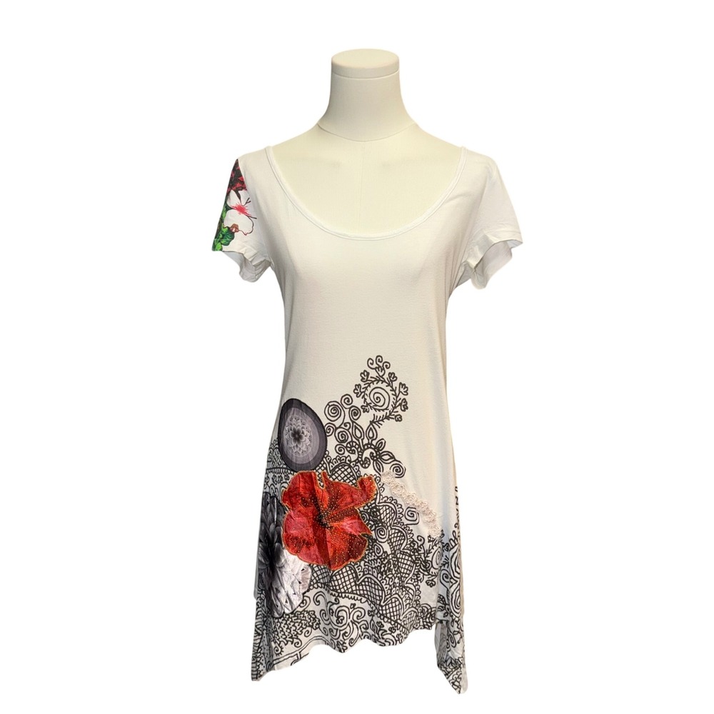 Desigual Asymmetrical Handkerchief Hem Dress Boho Floral Applique Whimsigoth Art